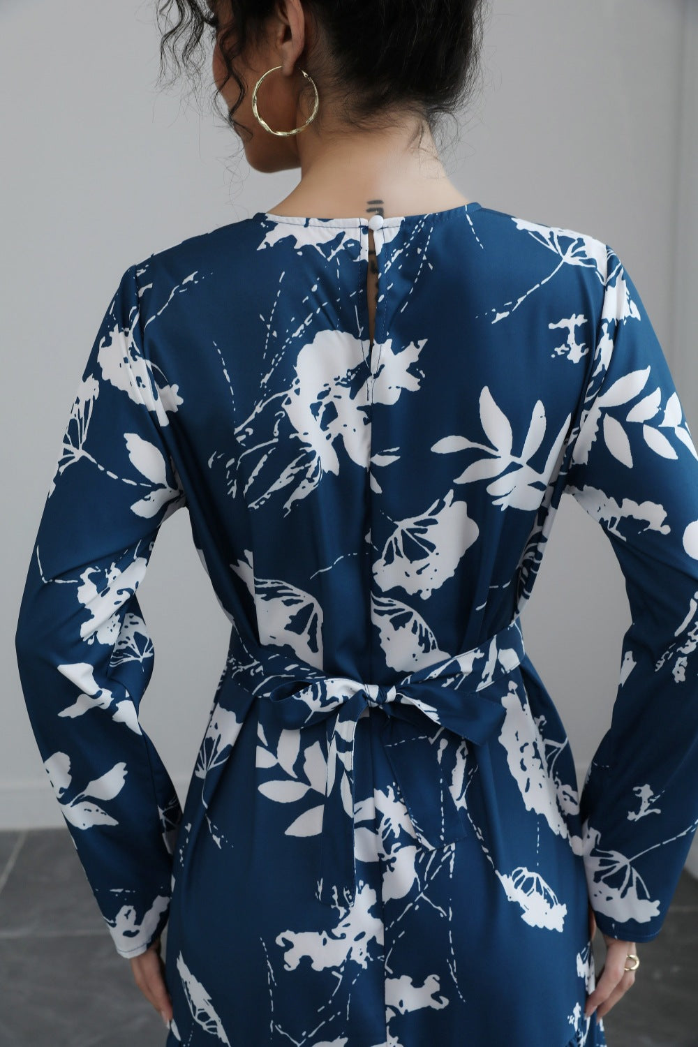 Blue French Waist Lace Up Midi Dress