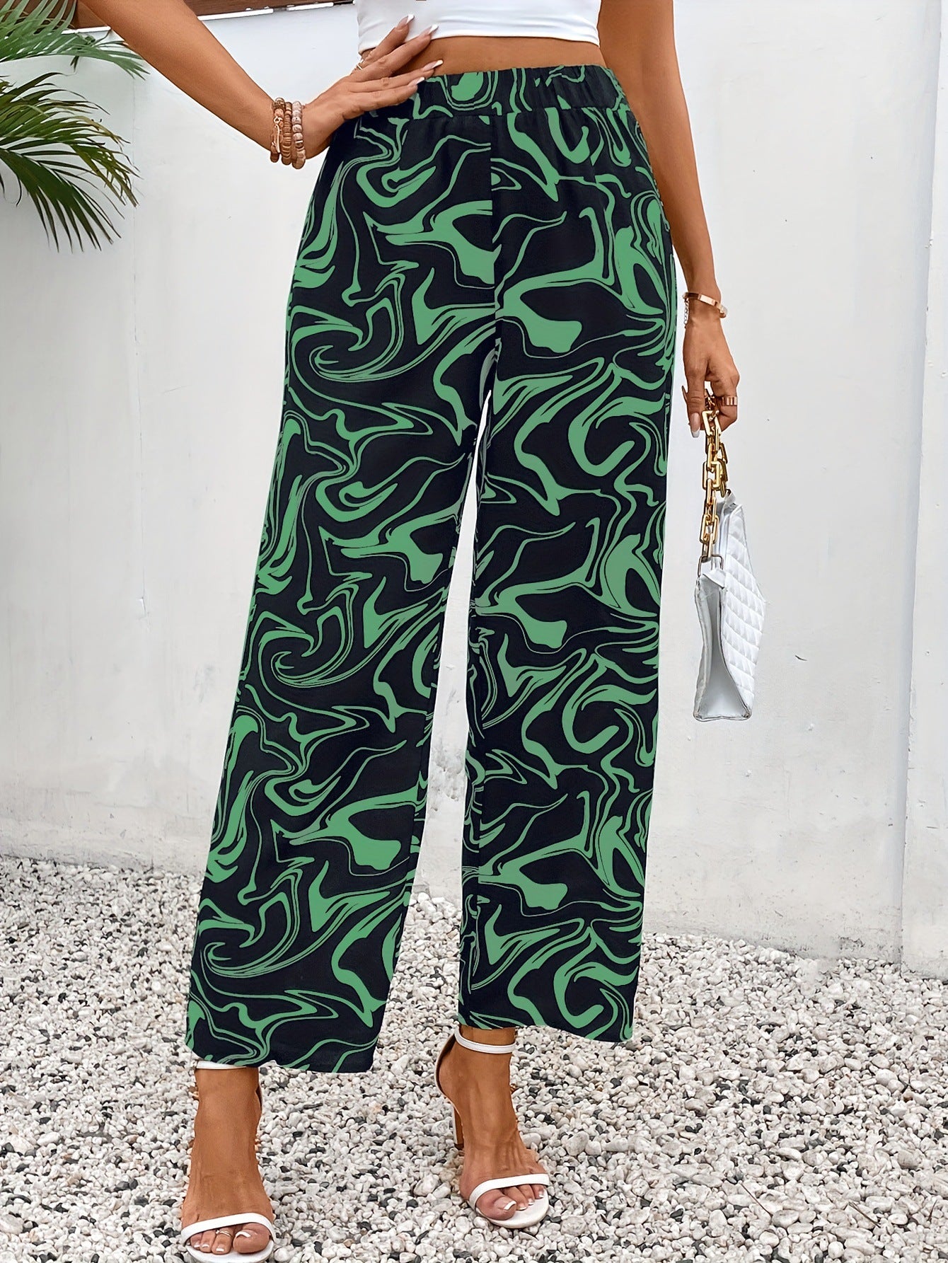 High-Waist Marble Print Straight-Leg Trousers