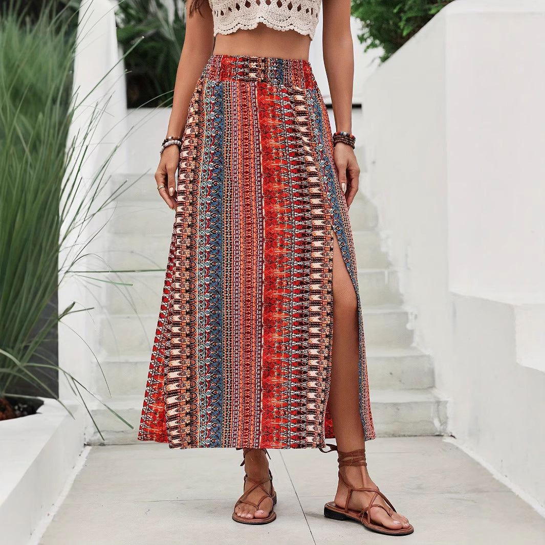 Printed Smocked Waist Maxi Skirt