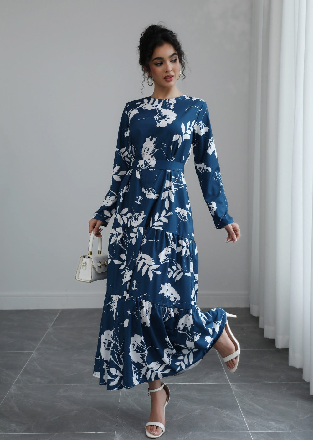 Blue French Waist Lace Up Midi Dress