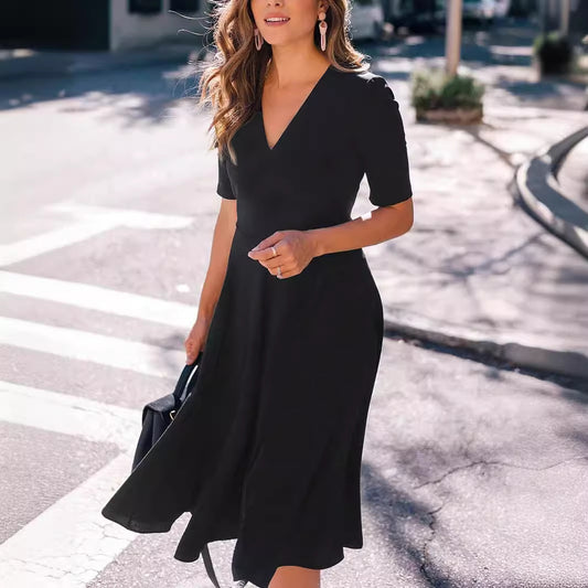 V-Neck High Elastic Midi Dress