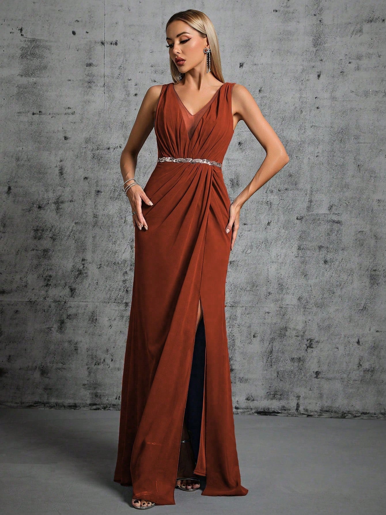 Elegant Brown V-Neck Maxi