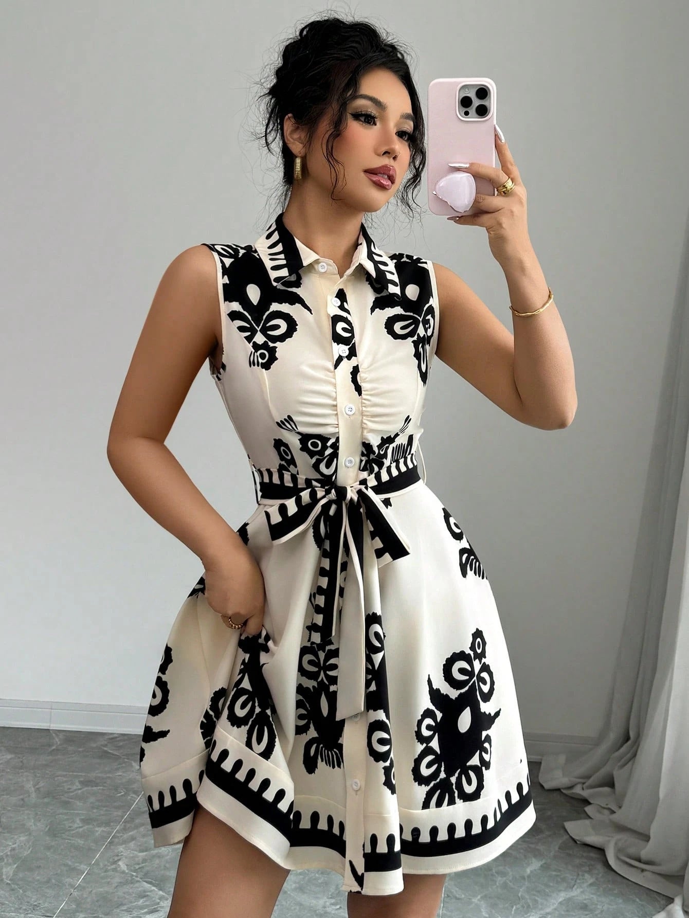 Graphic Sleeveless Shirt Dress in - by Malbusaat