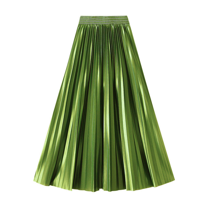 Glossy High-Waist Pleated A-Line Skirt in One Size Grass Green - by Malbusaat
