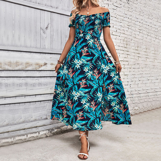 Elegant Off-Shoulder Tropical Print Maxi