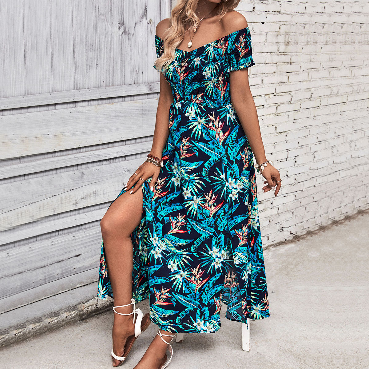 Elegant Off-Shoulder Tropical Print Maxi