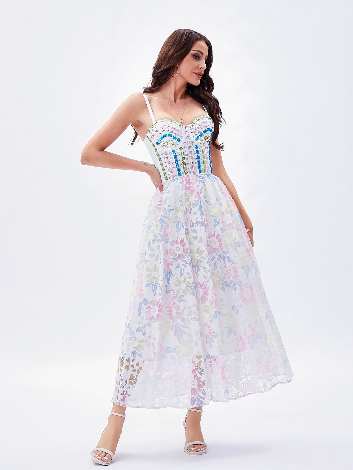 Romantic Floral Beaded Strap Maxi