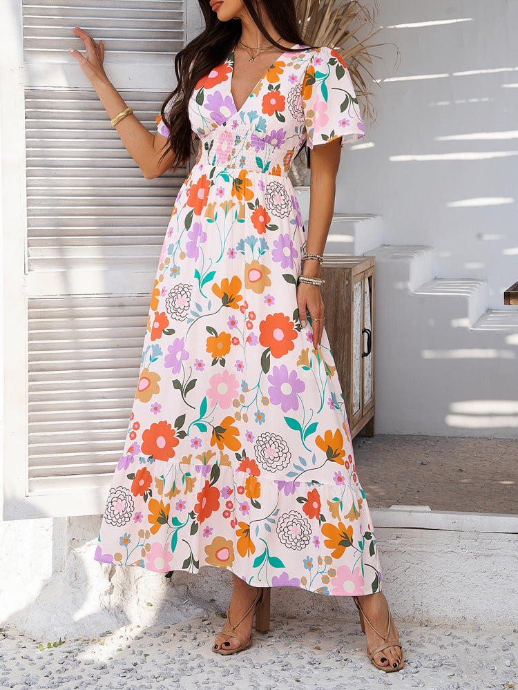 Printed Contrast Color V-neck Maxi
