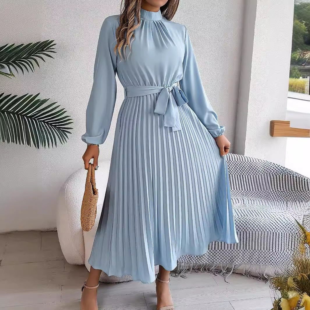 Elegant Stand Collar Pleated Maxi