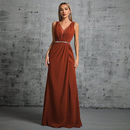 Elegant Brown V-Neck Maxi