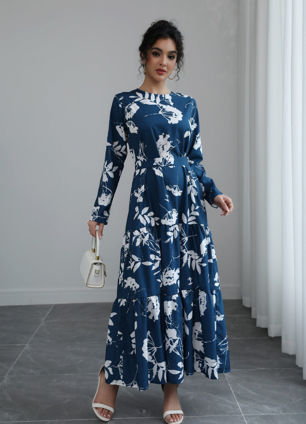 Blue French Waist Lace Up Midi Dress