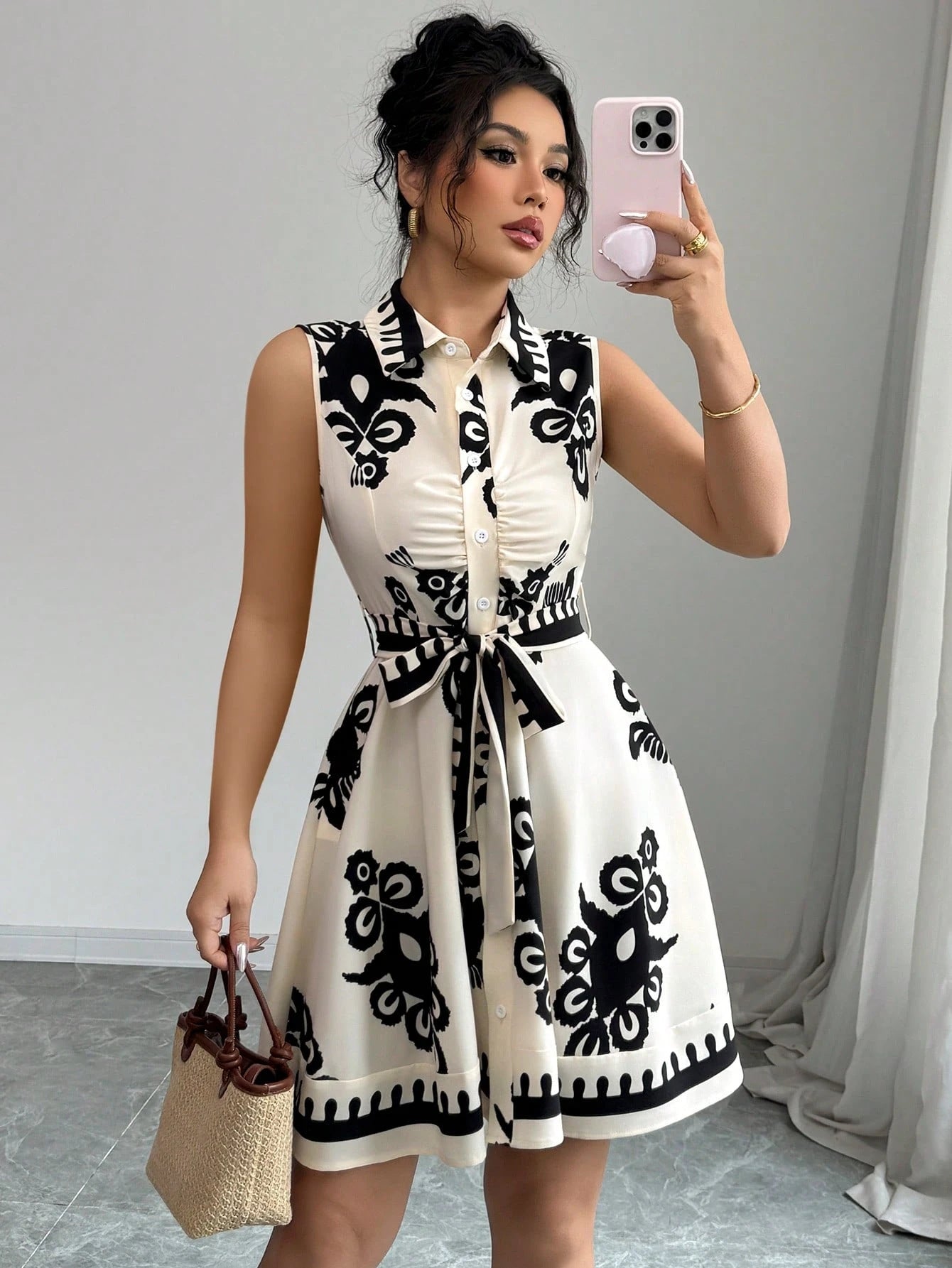 Graphic Sleeveless Shirt Dress in - by Malbusaat