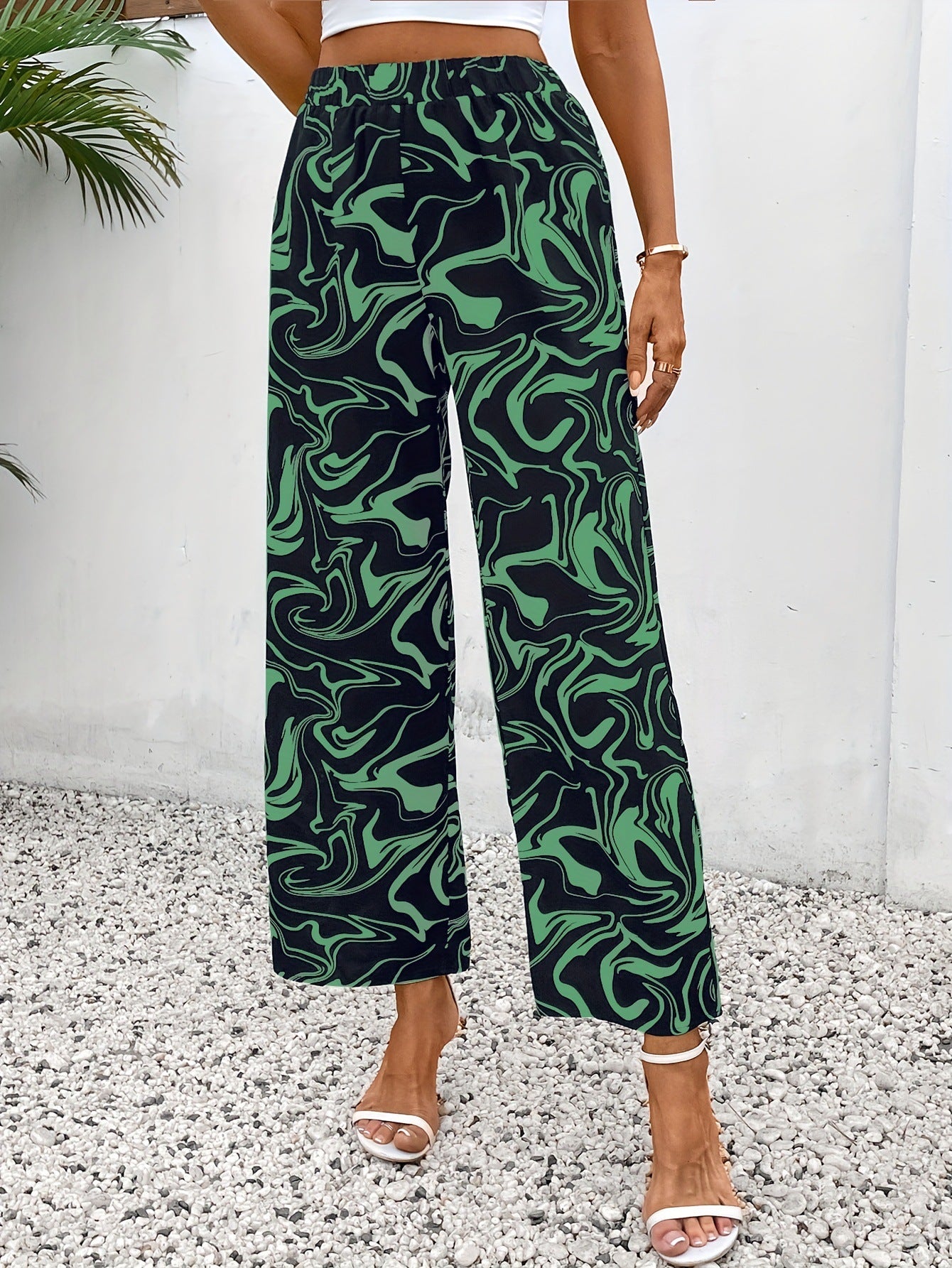 High-Waist Marble Print Straight-Leg Trousers