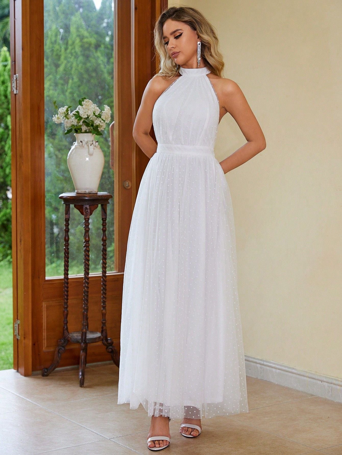 Elegant White Halter Mesh Maxi