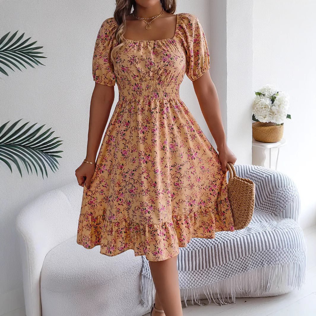 Floral Square Neck Ruffled A-Line Dress