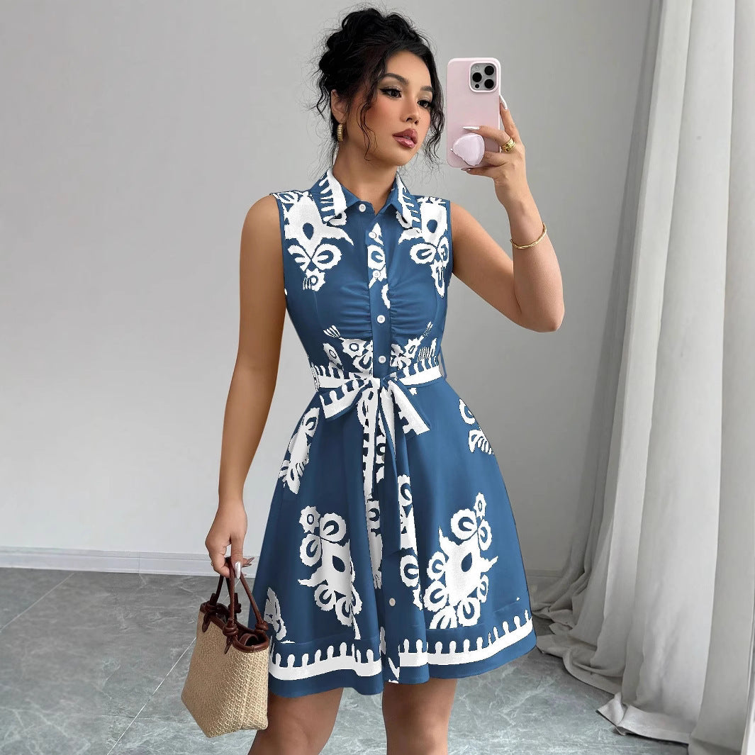 Graphic Sleeveless Shirt Dress in Blue - by Malbusaat