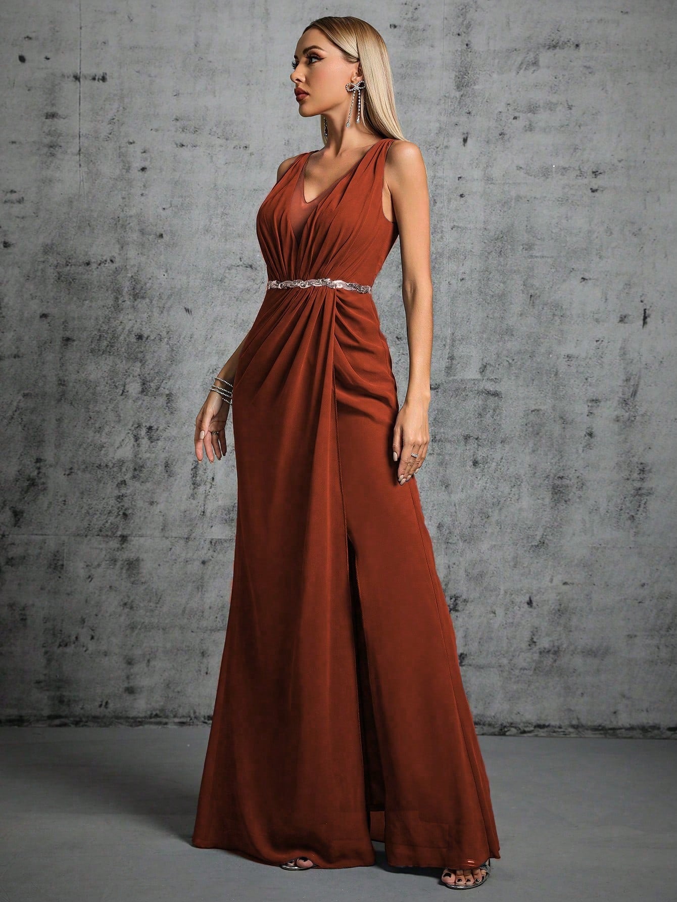 Elegant Brown V-Neck Maxi