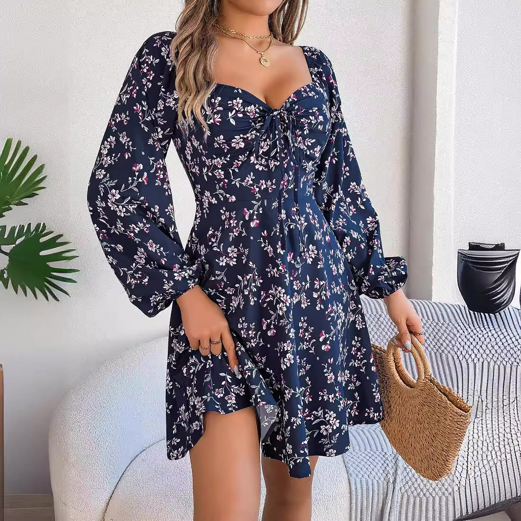 Floral Lacing Square Collar Dress