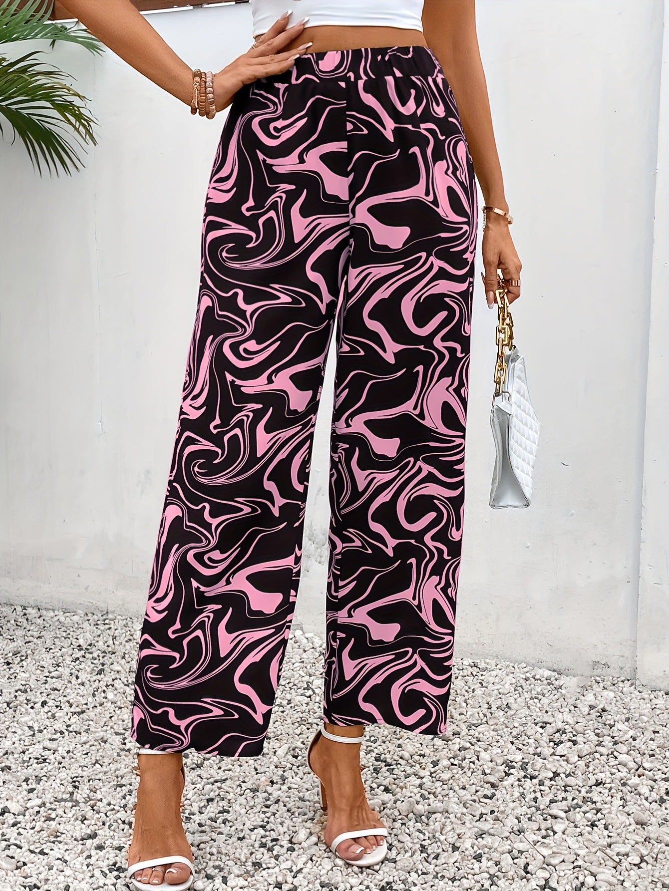 High-Waist Marble Print Straight-Leg Trousers