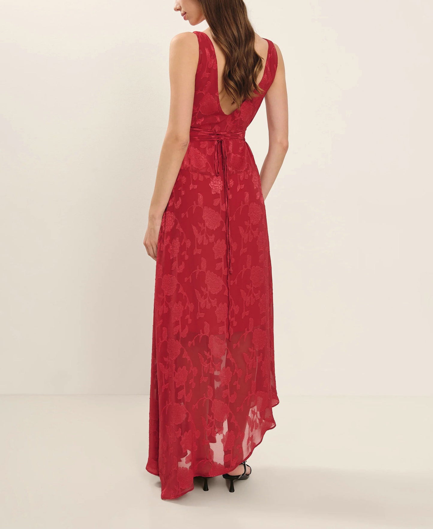 Red Lace Backless Floral Maxi Dress