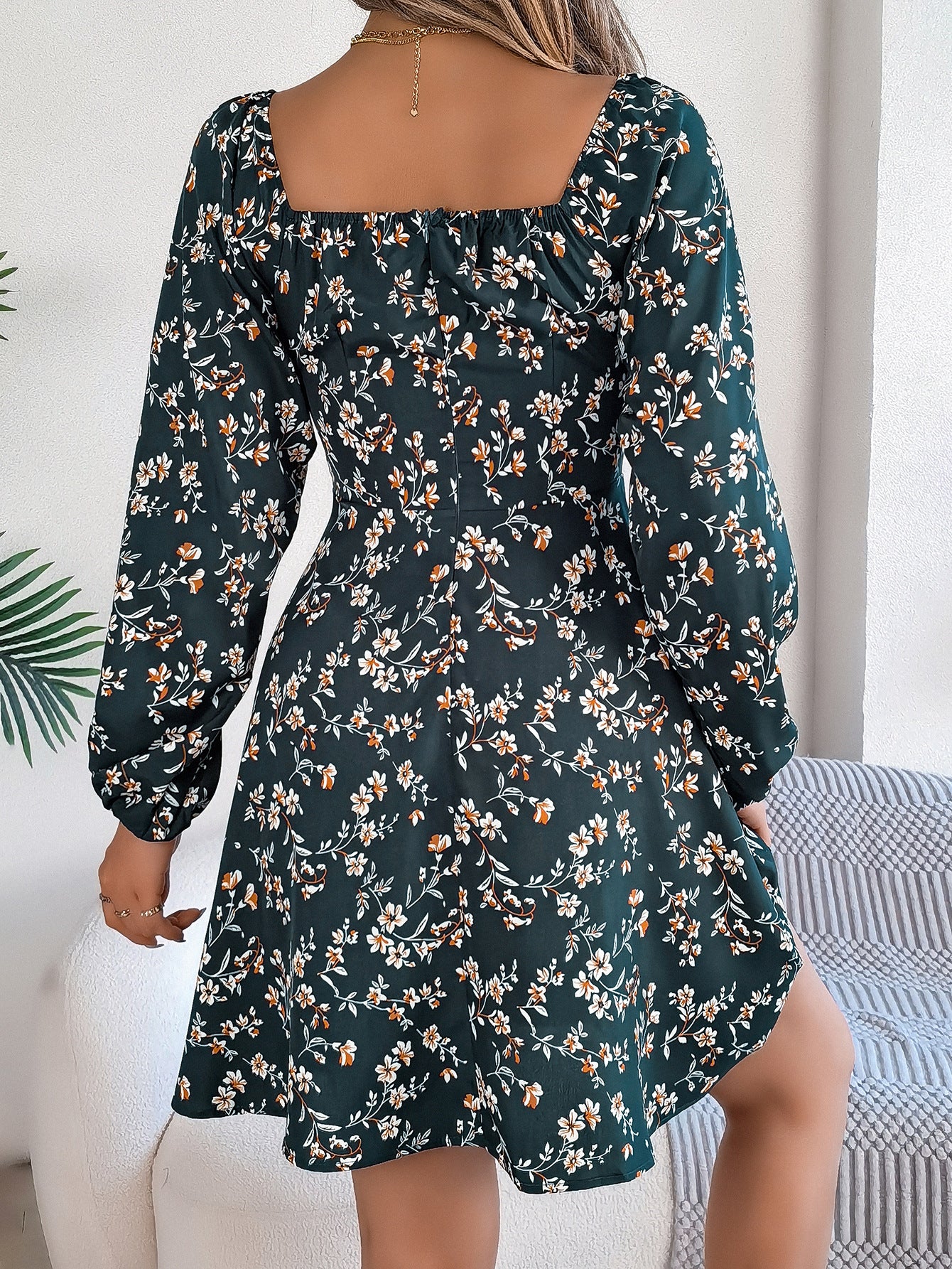 Floral Lacing Square Collar Dress