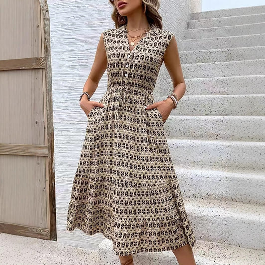 V Neck Suspender Midi Dress with Pockets
