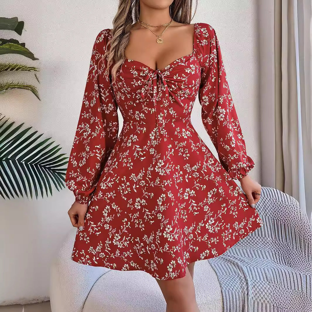 Floral Lacing Square Collar Dress