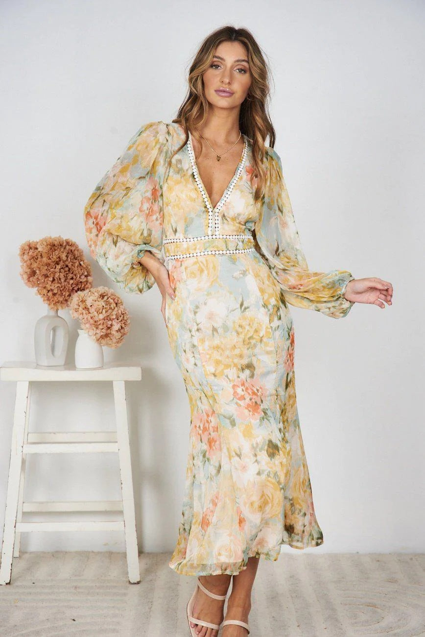 Boho & Elegant Long Floral Chiffon Maxi in - by Malbusaat