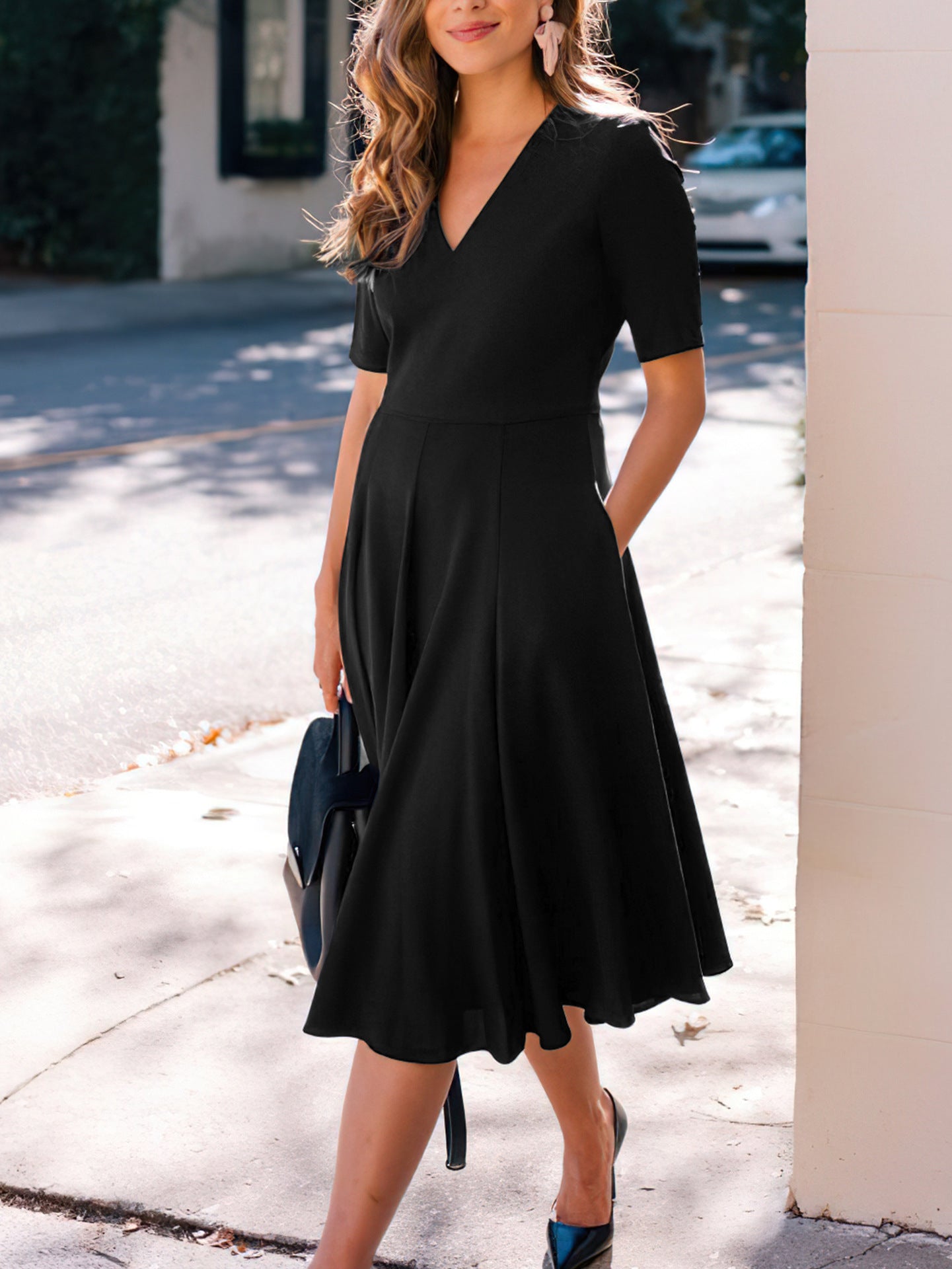 V-Neck High Elastic Midi Dress