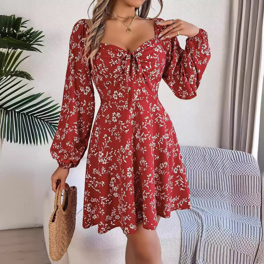 Floral Lacing Square Collar Dress