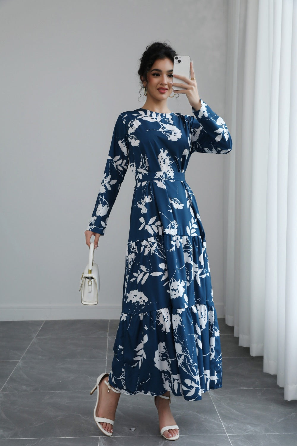 Blue French Waist Lace Up Midi Dress