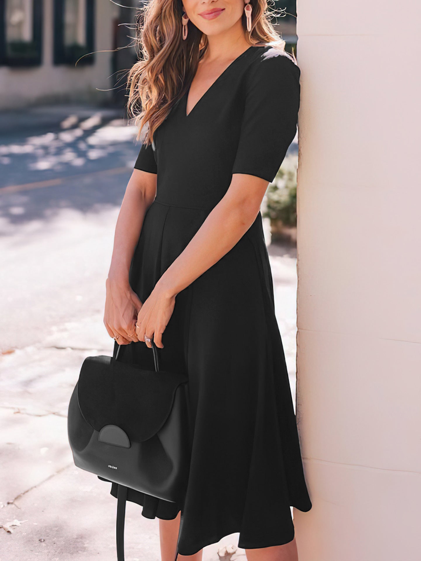 V-Neck High Elastic Midi Dress