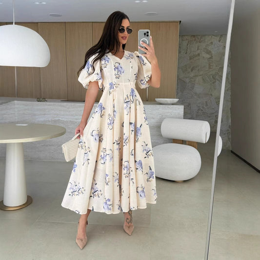 Floral V-Neck Puff Sleeve Maxi