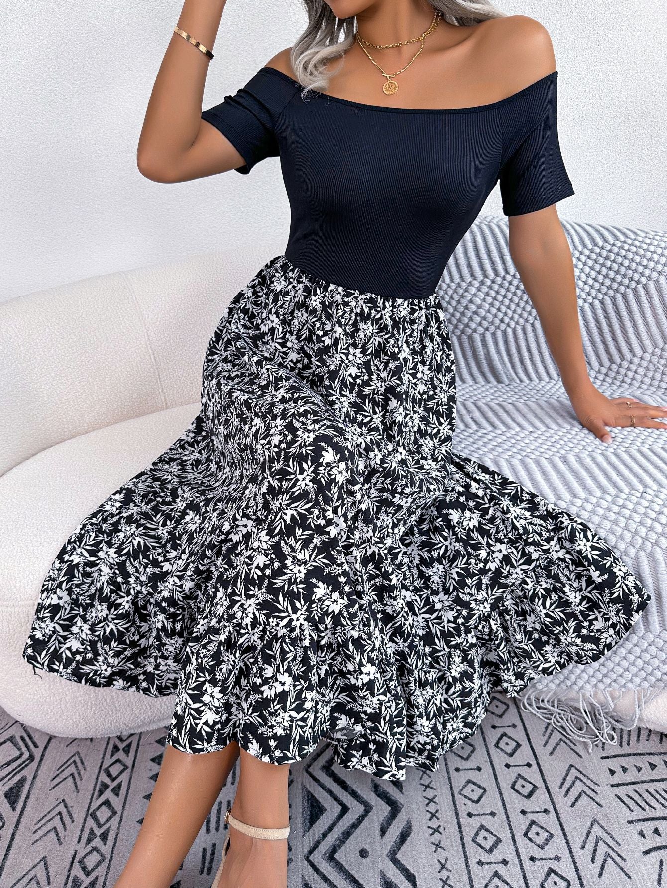 Floral Off-Shoulder Ruffle Patchwork Midi Dress in Black - by Malbusaat
