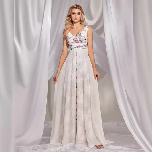 Elegant White Chiffon V-Neck Maxi in - by Malbusaat