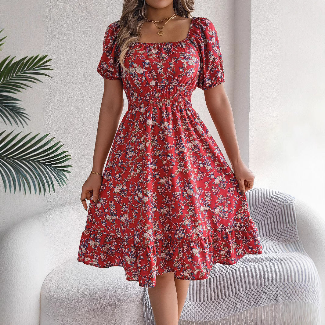 Floral Square Neck Ruffled A-Line Dress