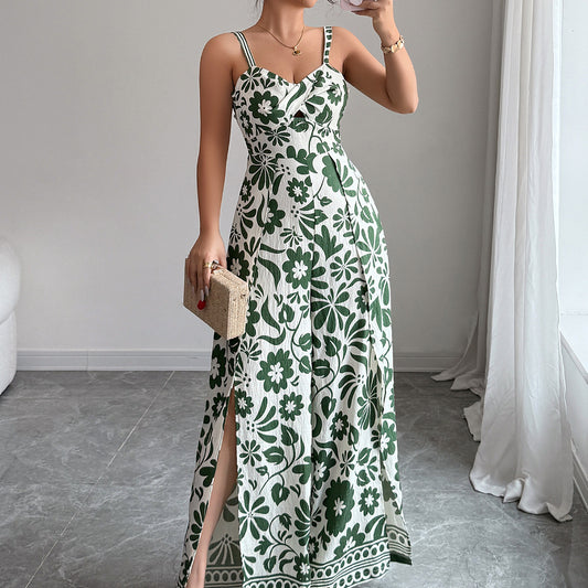 Elegant Printed Sleeveless V Neck Dress