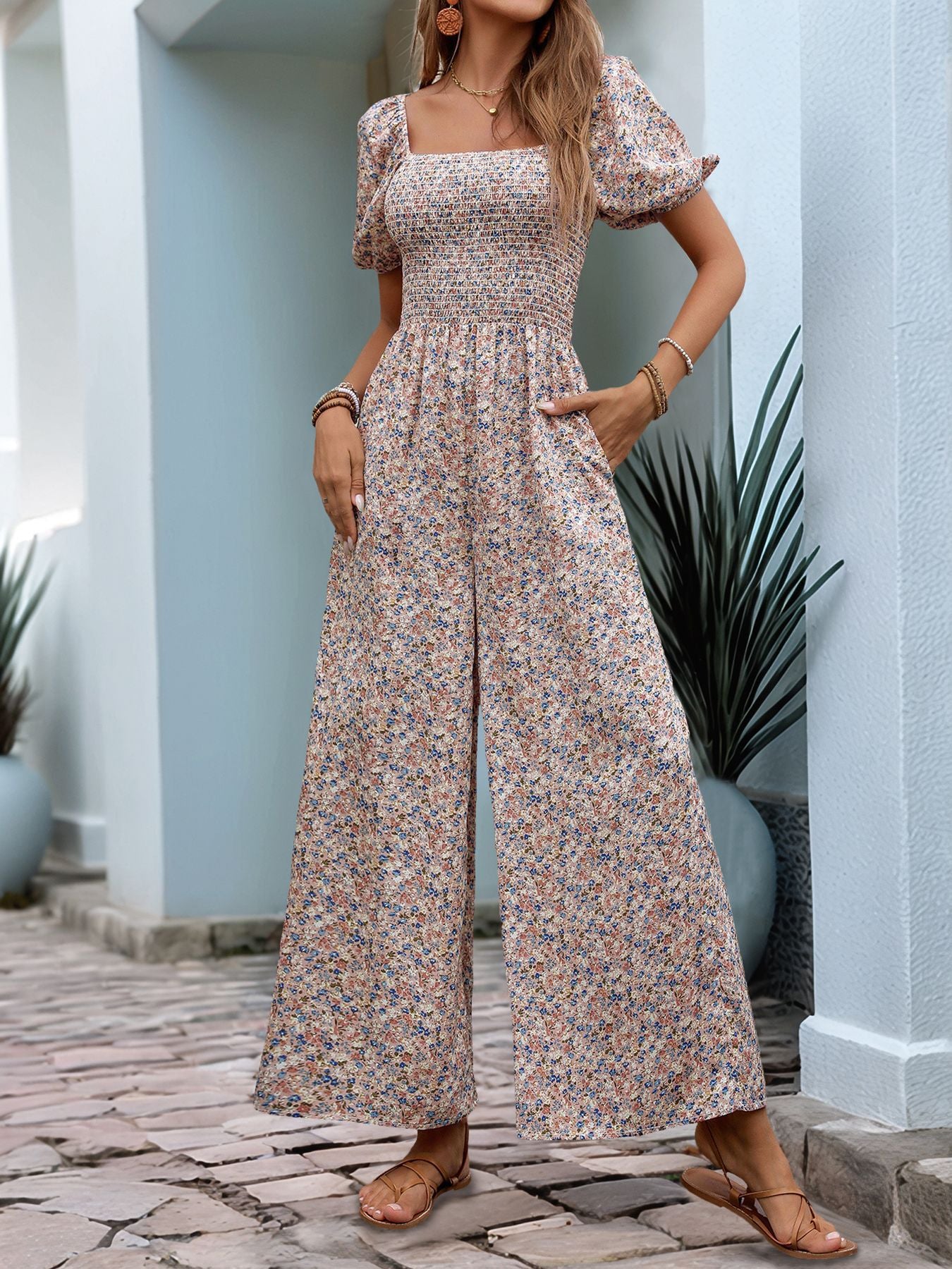 Slim Fit Printed Square Neck Jumpsuit