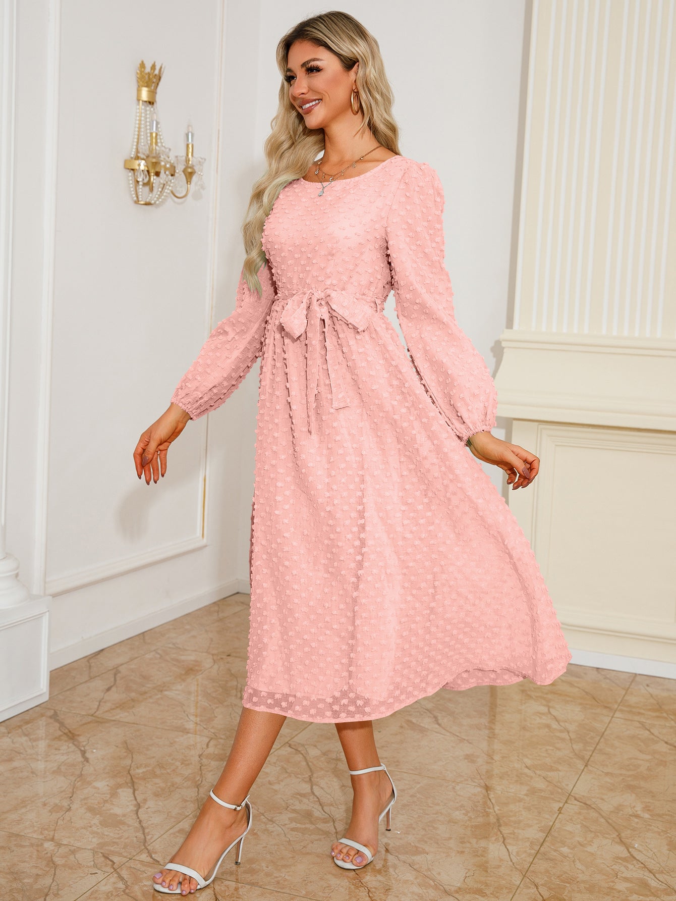 Elegant Jacquard Long Sleeve Midi Dress