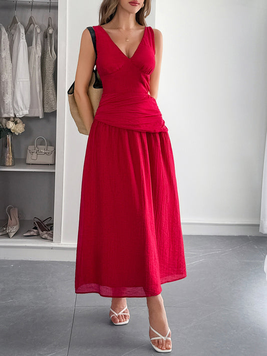 Deep V Solid Maxi Cutout Dress