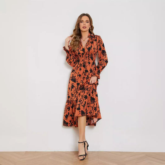 V Neck Long Sleeve High Waist Midi Dress