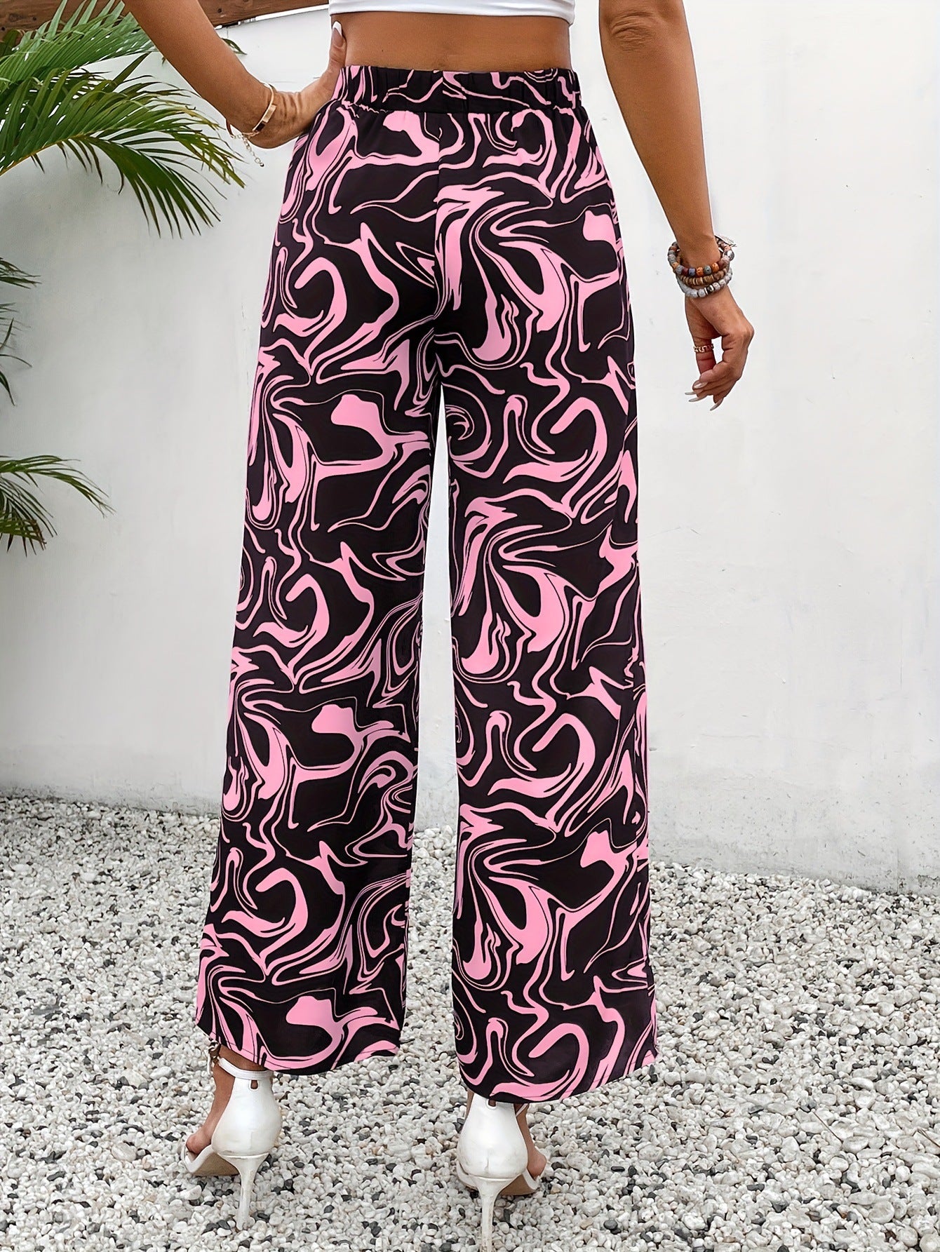 High-Waist Marble Print Straight-Leg Trousers