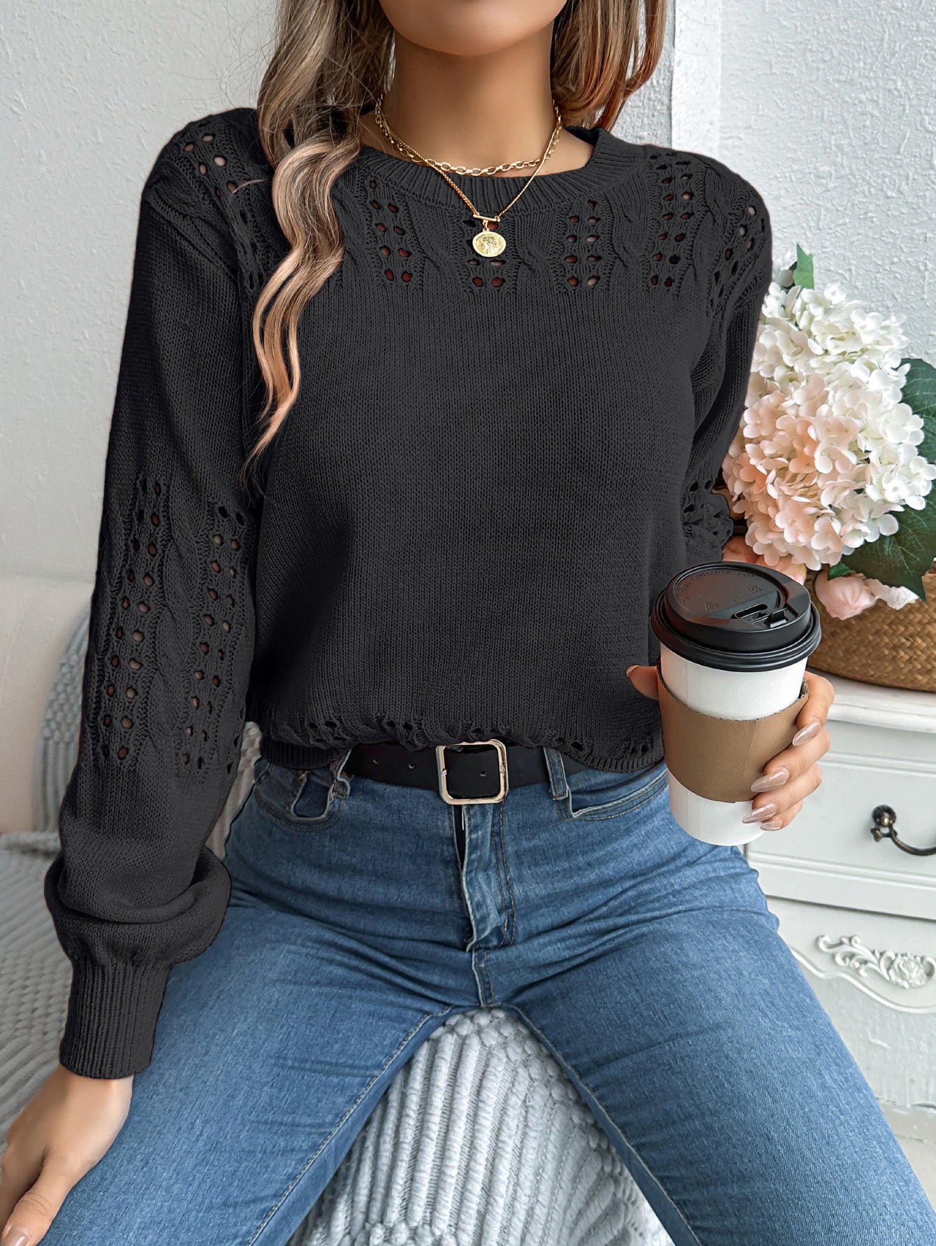 Cutout Lantern Sleeve Pullover