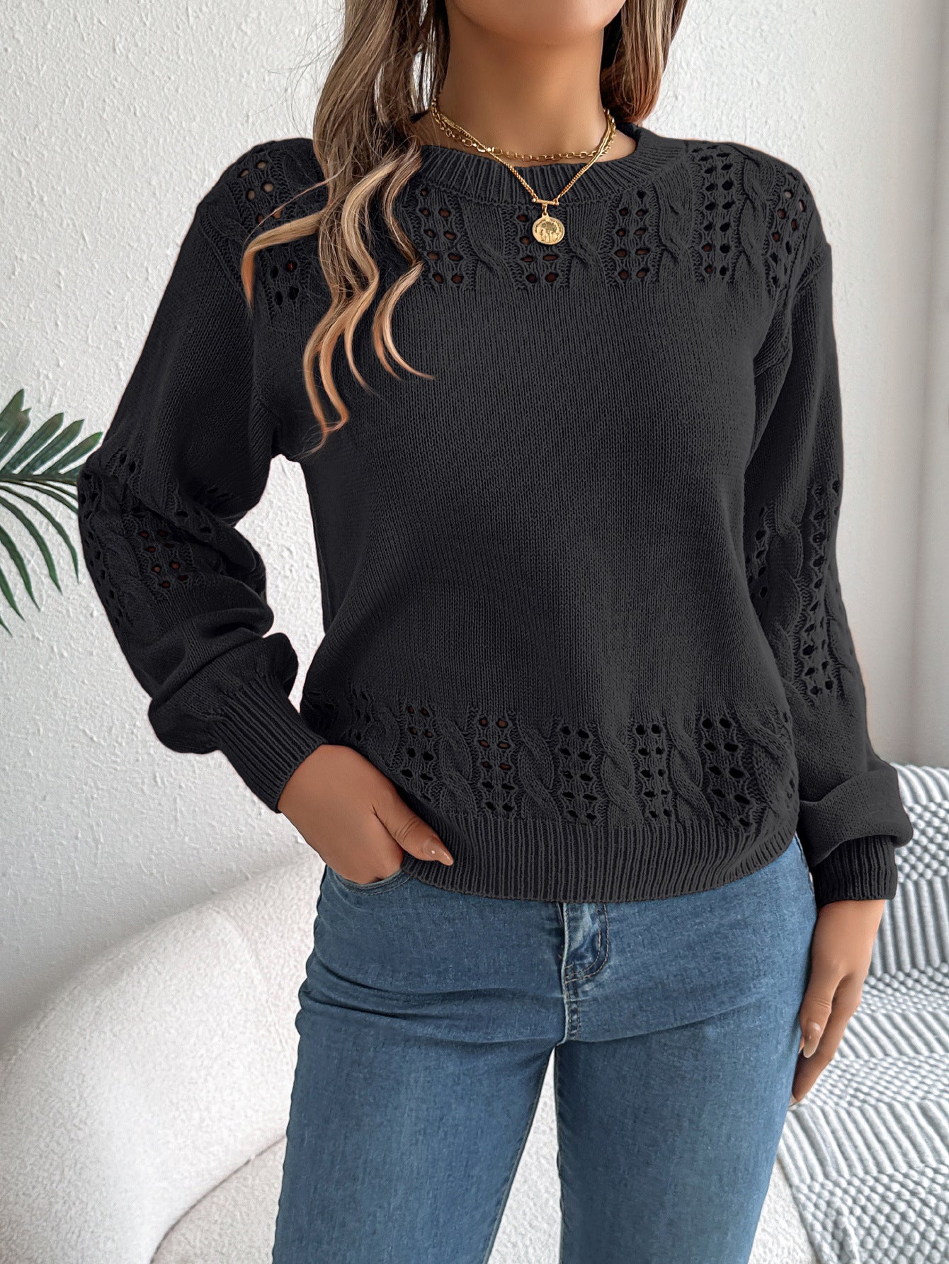 Cutout Lantern Sleeve Pullover