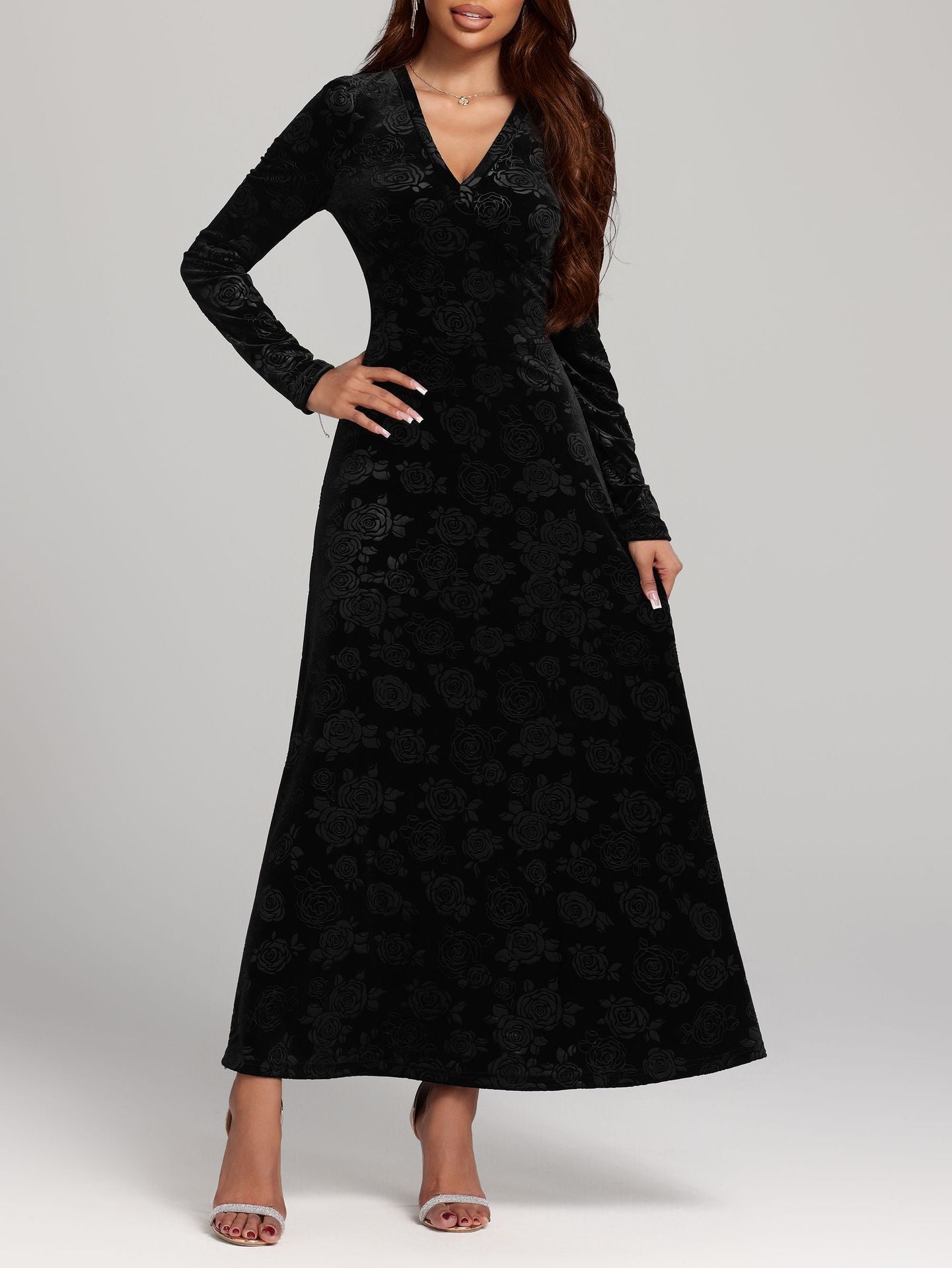 V-Neck Long Sleeve Pleuche Maxi