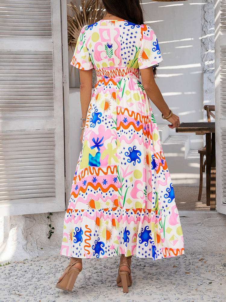 Printed Contrast Color V-neck Maxi