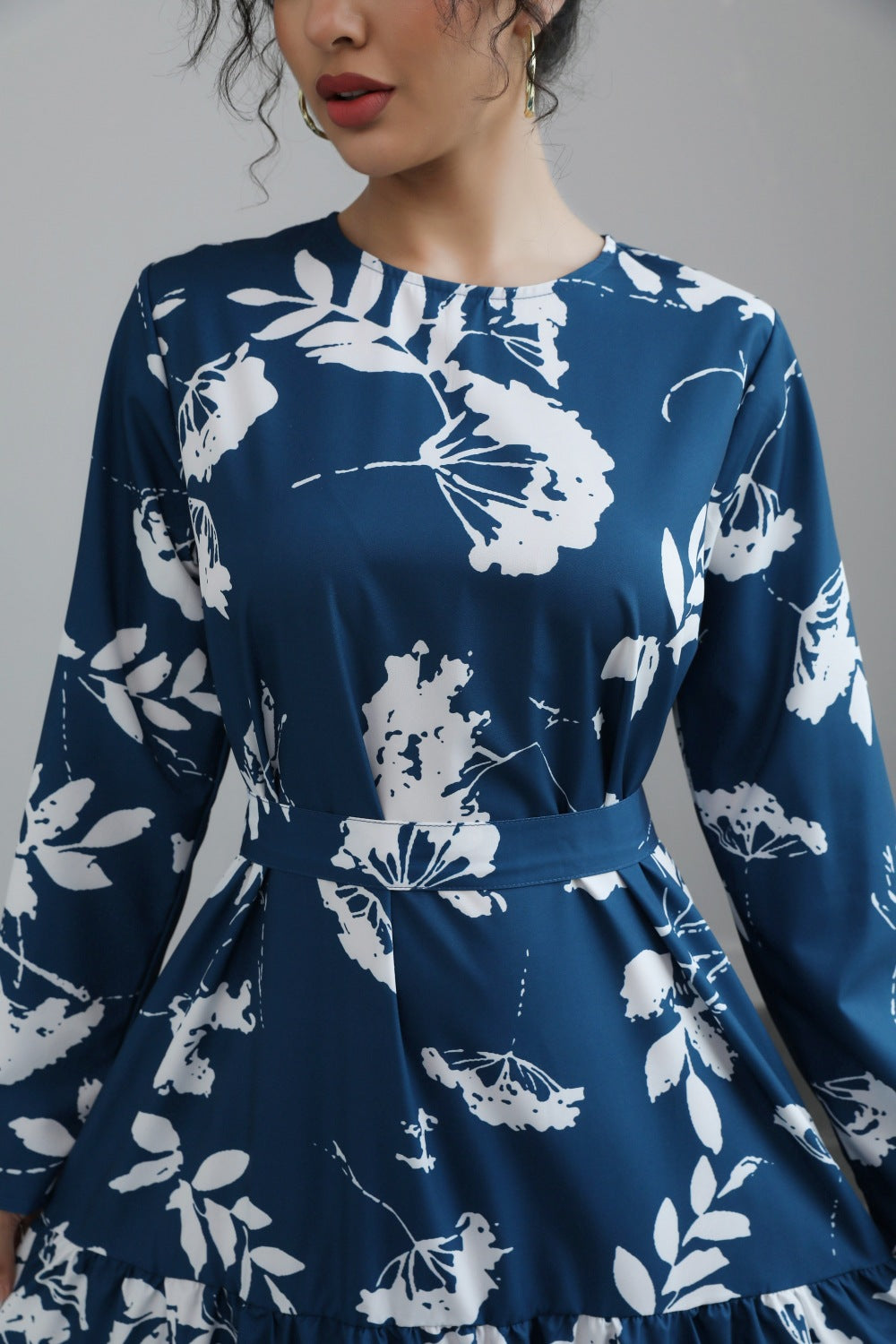 Blue French Waist Lace Up Midi Dress