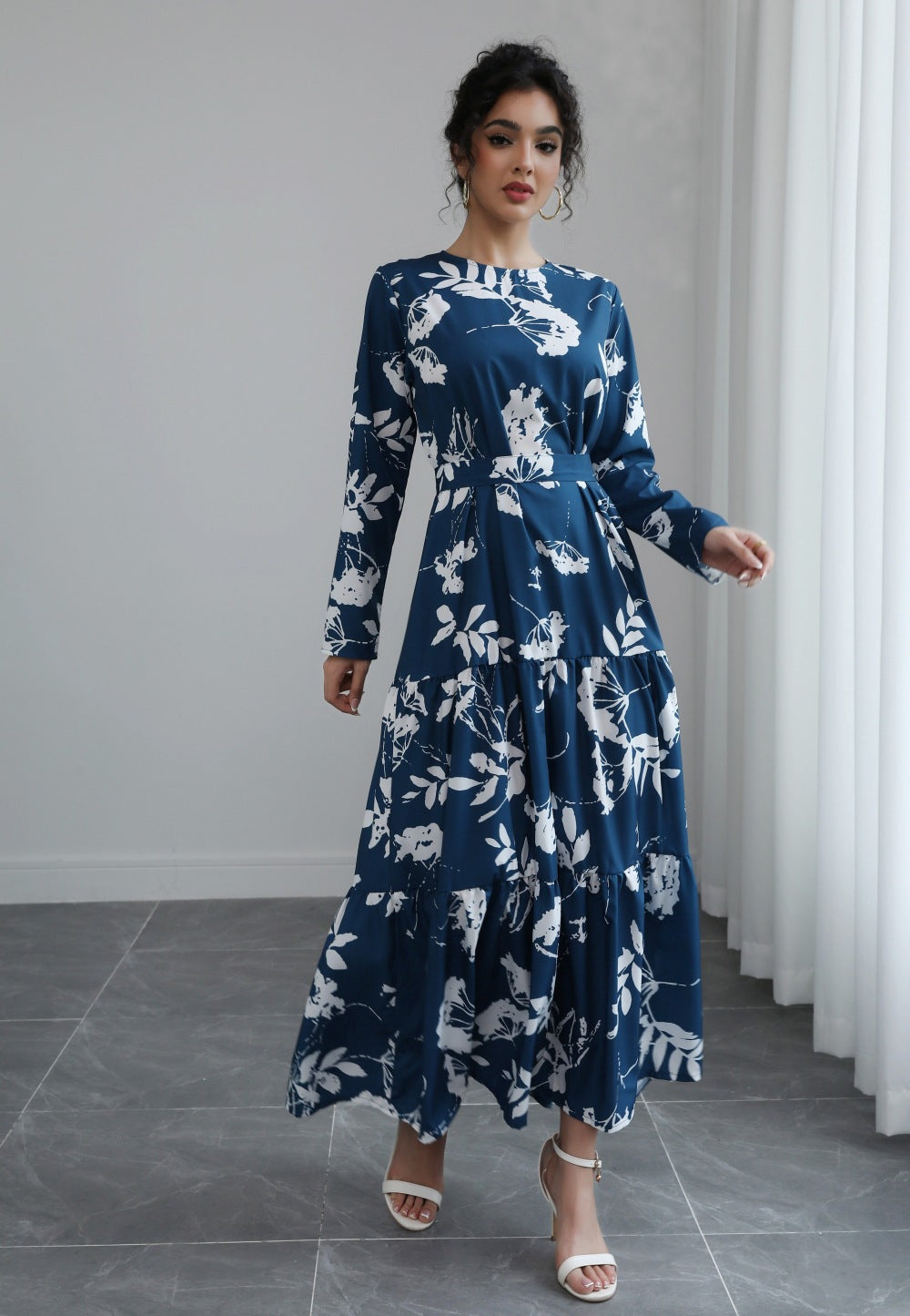 Blue French Waist Lace Up Midi Dress