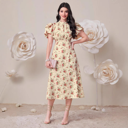 Elegant High Waist Puff Sleeve Dress in - by Malbusaat
