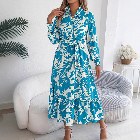 Elegant Floral Long Sleeve Shirt Dress